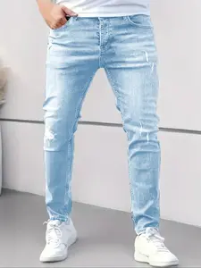 Men's Solid Color Ripped Jeans, Casual Comfy Slim Fit Denim Pants for Daily Wear, Fashion Men's Bottoms for All Seasons