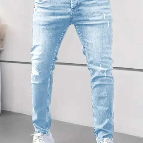 Men's Solid Color Ripped Jeans, Vintage Distressed Style Frayed Hem, Casual Comfy Jeans for Daily Wear, Mens Denim Bottoms for All Seasons, Cotton, Streetwear, Trouser