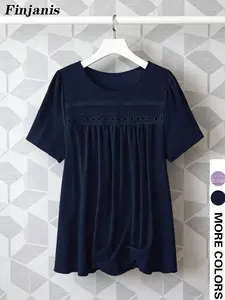 Plus Size Embroidered Short Sleeve Top, Layered Lace Design, Loose Fit Doll Shirt, Comfortable for Commuting and Daily Wear