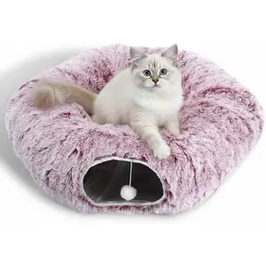 Tunnel Bed for Indoor Cats - Large  Donut Tunnel with  Ball , Collapsible 2-in-1 Multifunctional Interactive   for Kitten, Puppy, , Ferret (Rosiness)