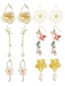 6 Pairs Dangle Flower Earrings Statement Trendy Hoop Earring Trendy Long Threader Chain Dainty Flower Wedding Earrings For Brides CZ Cute 14K Gold Statement Sparkly Jewelry