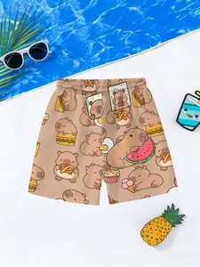 Boys' Capybara Food Full-Print Beach Pants, Quick-Dry Swim Trunks, Casual Fitted Shorts, All Season Wear