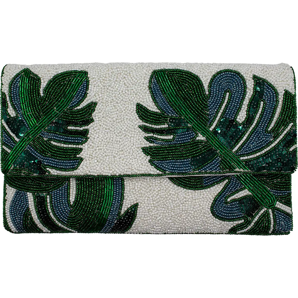 Leafy Handbeaded Clutch with Crossbody Chain