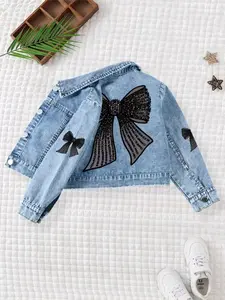 Diamond Bow Print Denim Jacket for Kids, Girls' Casual Top, Stylish Sweet Sparkle Clothing, Light Blue Jean Jacket