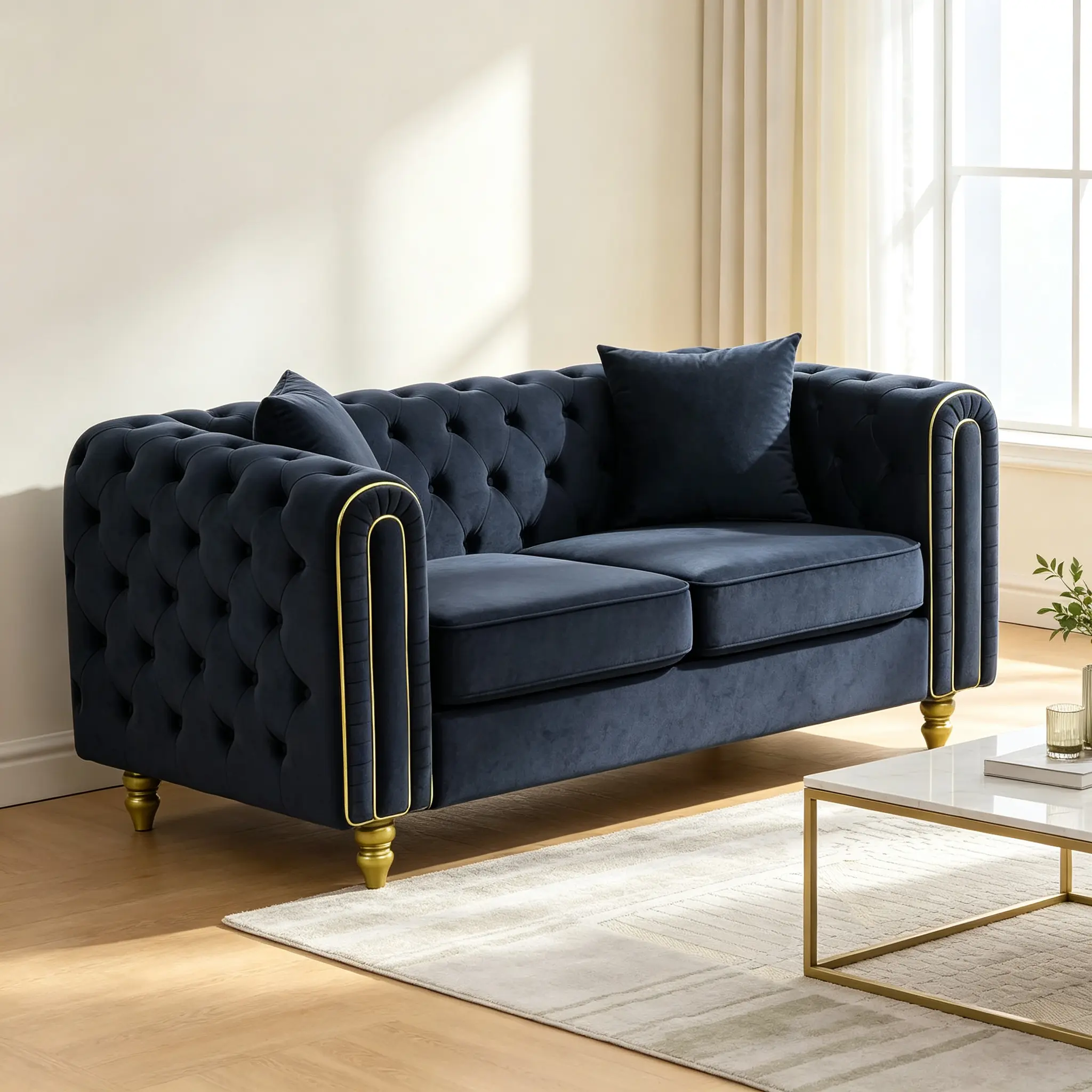 63-in Velvet Chesterfield Loveseat Sofa Couch, 2-Seater Deep Button Tufted Modern Upholstered Sofas with Rolled Arms, Decorative Gold Legs, 600 lbs Capacity, Requires Assembly, Comfy Indoor Furniture for Living Room, Apartment
