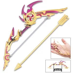 "Genshin Impact Thundering Pulse Bow Replica   6 1/2"" Mini Bow   Detailed Resin and Metal Build   Includes Arrow and Stand   5-Star Weapon Tribute"