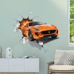 Cool Car Wall Sticker, Dynamic Car Imagery, Hole Design, Self-Adhesive Decorative Art for Living Room, Bedroom Background, Flat Type, No Ca Prop 65 Warning