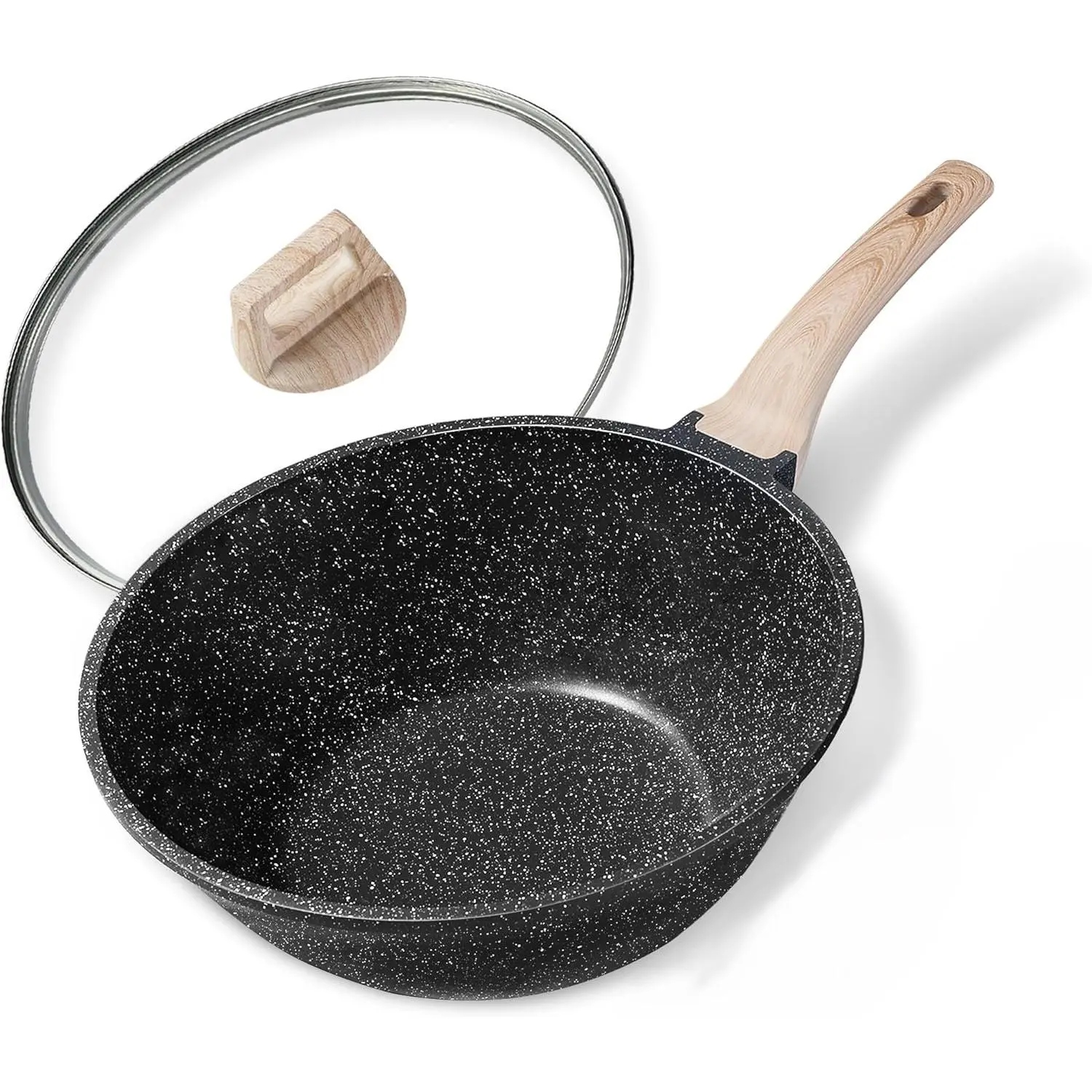 Nonstick Wok with Lid 12 Inch Woks & Stir-fry Pans Non Stick Granite Stone Pan Flat Bottom Induction Cookware Compatible All Stovetops