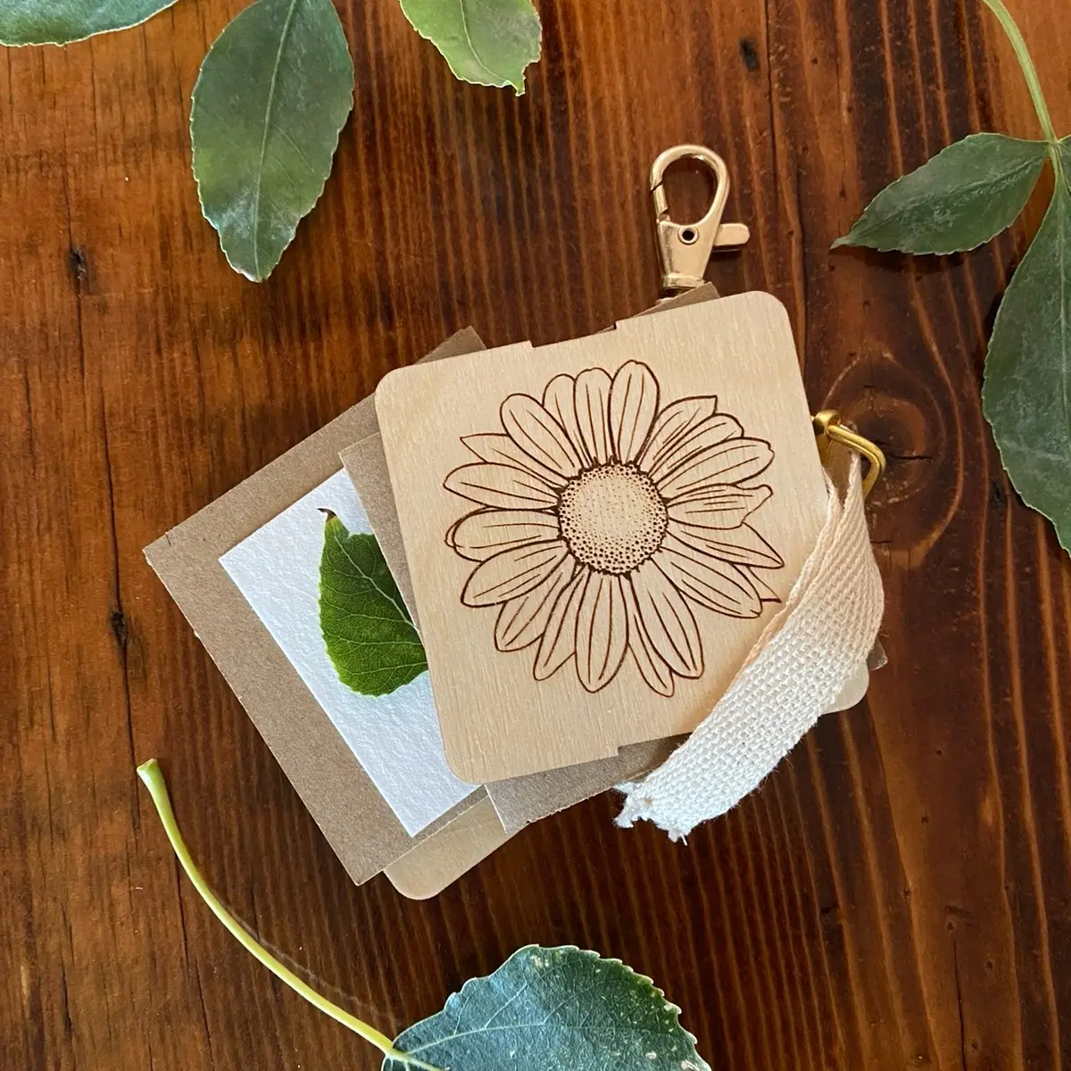Quaking Pine wood and cotton strap keychain flower press