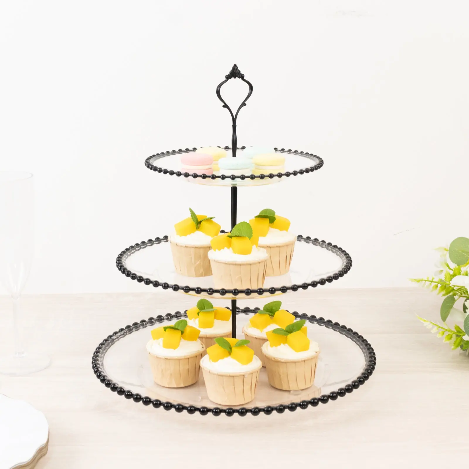 Clear 3-Tier Round Plastic Cupcake Tower Stand with Black Beaded Rim, Dessert Display Tea Party Serving Platter With Top Handle - 14"
