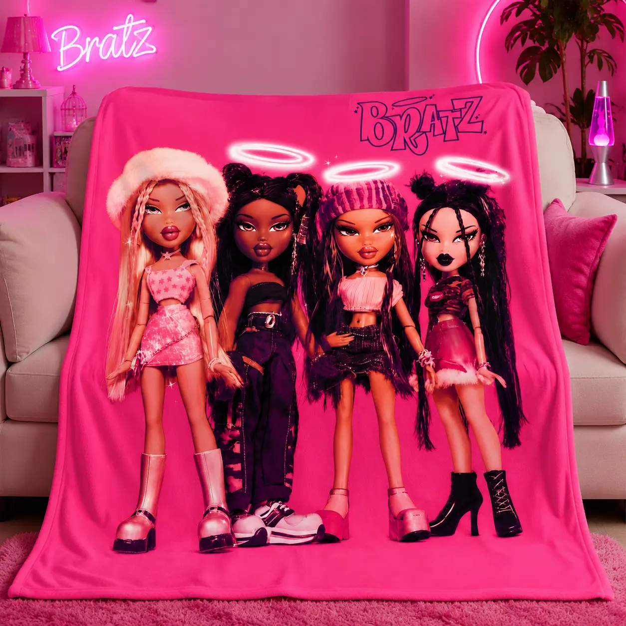 Bratz Girls Inspirational Design Blanket Cozy Throw Blanket Cute Character Blanket Kids Adults Sofa Bed Bedroom Decor Travel Movie Night Gift Idea Trending Blanket Aesthetic Room Decor Home Accessory Holiday Birthday Christmas Gift Multi Size Blanket