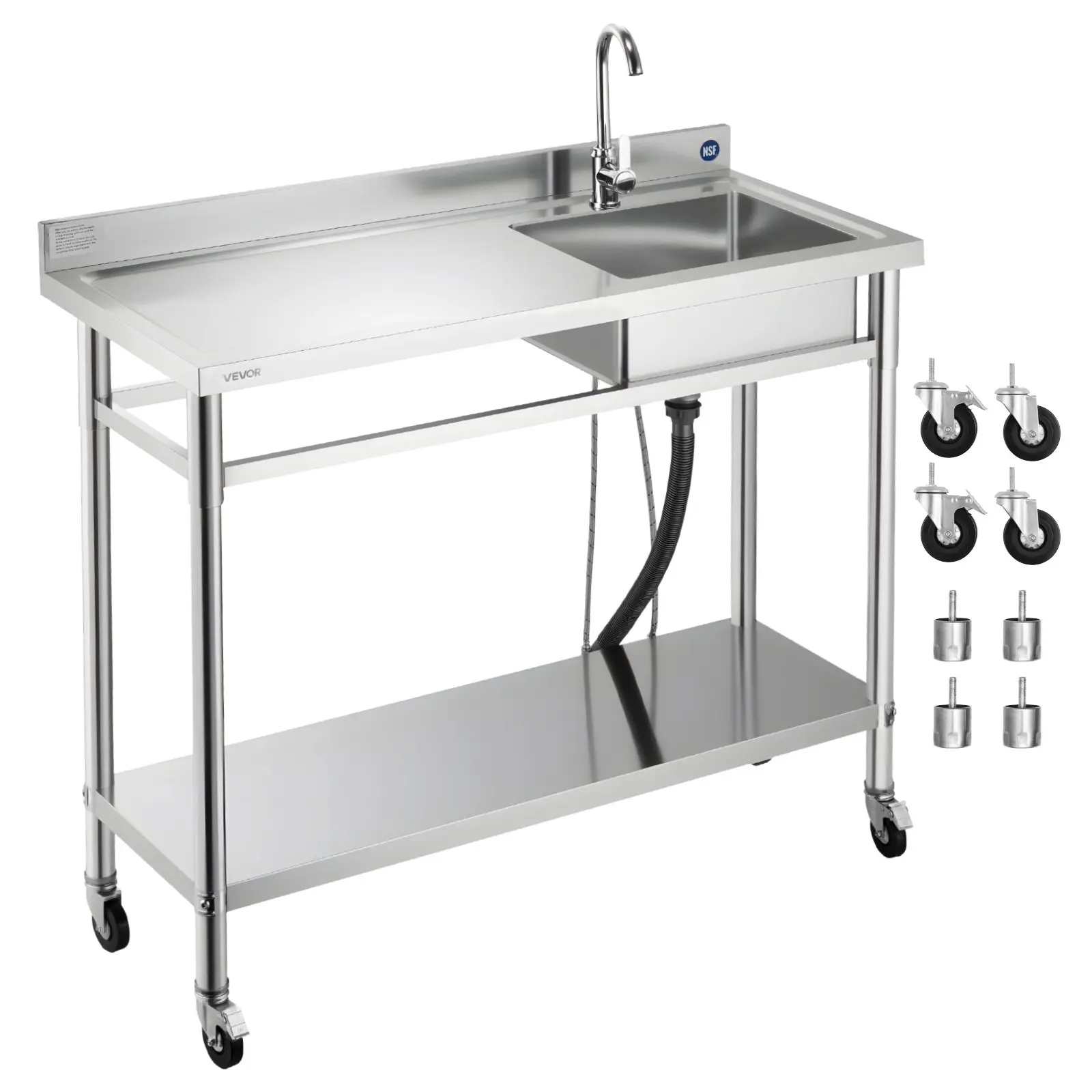 VEVOR SS201 Steel Adjustable Rolling Single Bowl Utility Sink, 47.2x19.7x41.5in Rectangle Mobile Commercial Sink with Wheels, Faucet, Hot-Cold Pipes, Workbench, Water Control, for Garage, Laundry