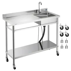 VEVOR SS201 Stainless Steel Rectangle Utility Sink (47.2x19.7x41.5in), Rolling Single Bowl Mobile Commercial Sink with Wheels, Faucet, Hot-Cold Water Pipe, Workbench & Water Control, Versatile Use for Garage, Outdoor Kitchen