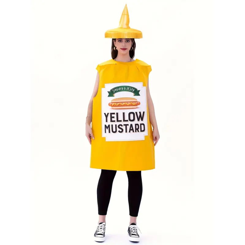 [Machine Washable Yellow Mustard] Halloween Yellow Mustard Costume - Polyester, Non-Stretch Knit Fabric, Casual Style, No Collar, Machine Washable