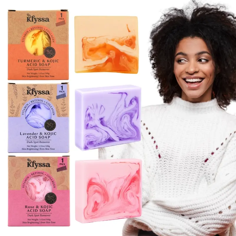 Klyssa 2 Pcs Kojic Acid Face & Body Cleansing Bar soap, Turmeric, Rose, Lavender for all skin types