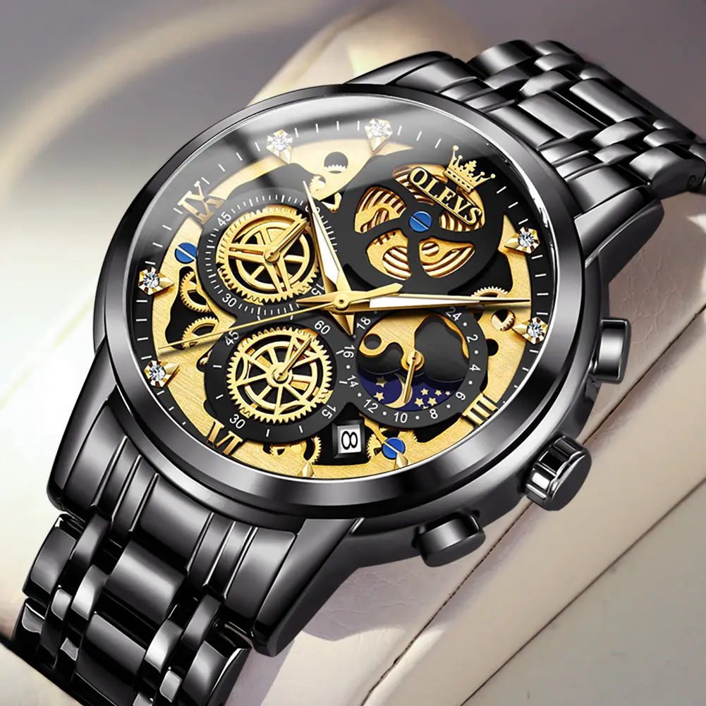 Men's Stainless Steel Chronograph Watch, Large Face Gold Silver Tone Black Tone Easy-to-Read Analog Quartz Watch, Luxury Water Resistant Date Diamond Roman Numerals Dial Formal Watch
