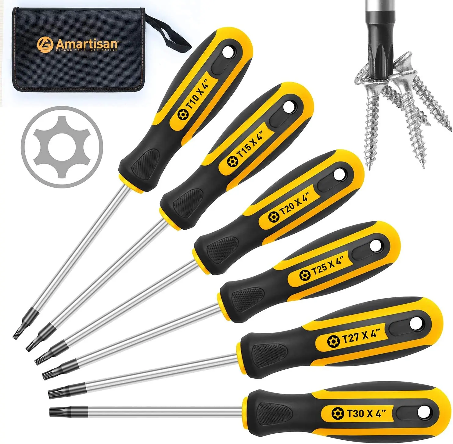 CR-V Steel 6-Piece Magnetic Security Tamper-Proof Torx Screwdrivers Set, T10-T30 Star Drivers for Hand Tool Needs