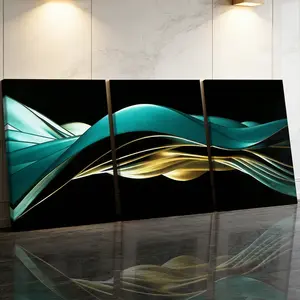 3 Counts Wooden Framed Canvas Painting, Abstract Golden And Teal Waves Images, Exquisite Poster, Perfect Gift, Decor For Living Room, Bedthroom, Modern Art, Fashion Family Poster, Wall Art Decoration
