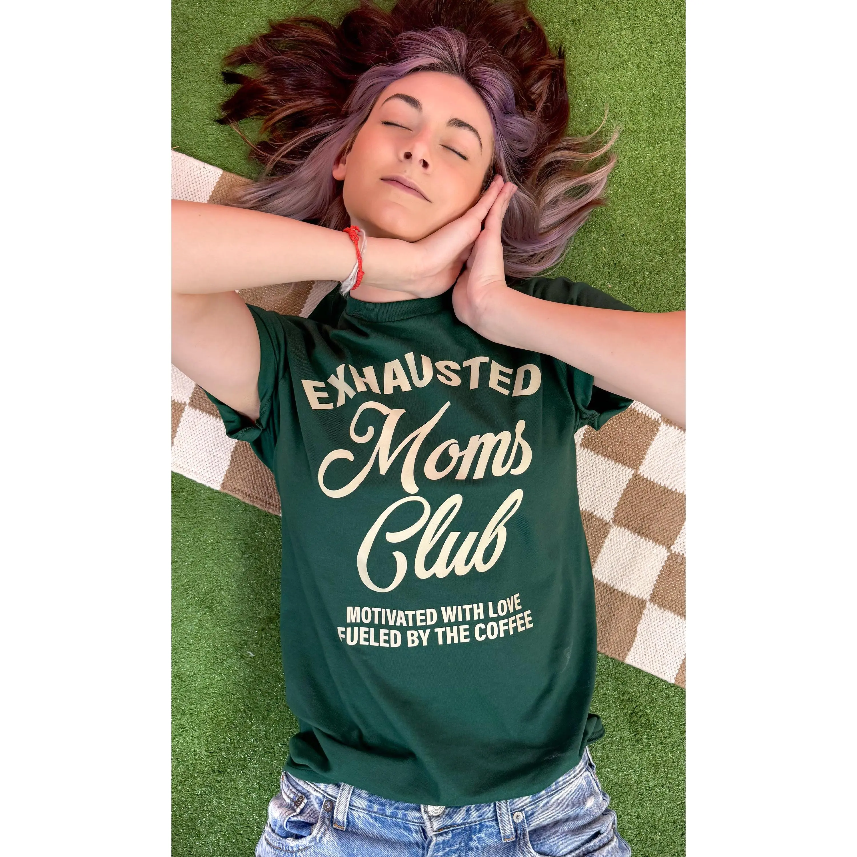 Tees2urdoor Women's Cotton Fitted Short-Sleeve Round Neck Graphic T-Shirt - Exhausted Moms Club Print, Cold Wash, School & Everyday Streetwear Top, Shortsleeve
