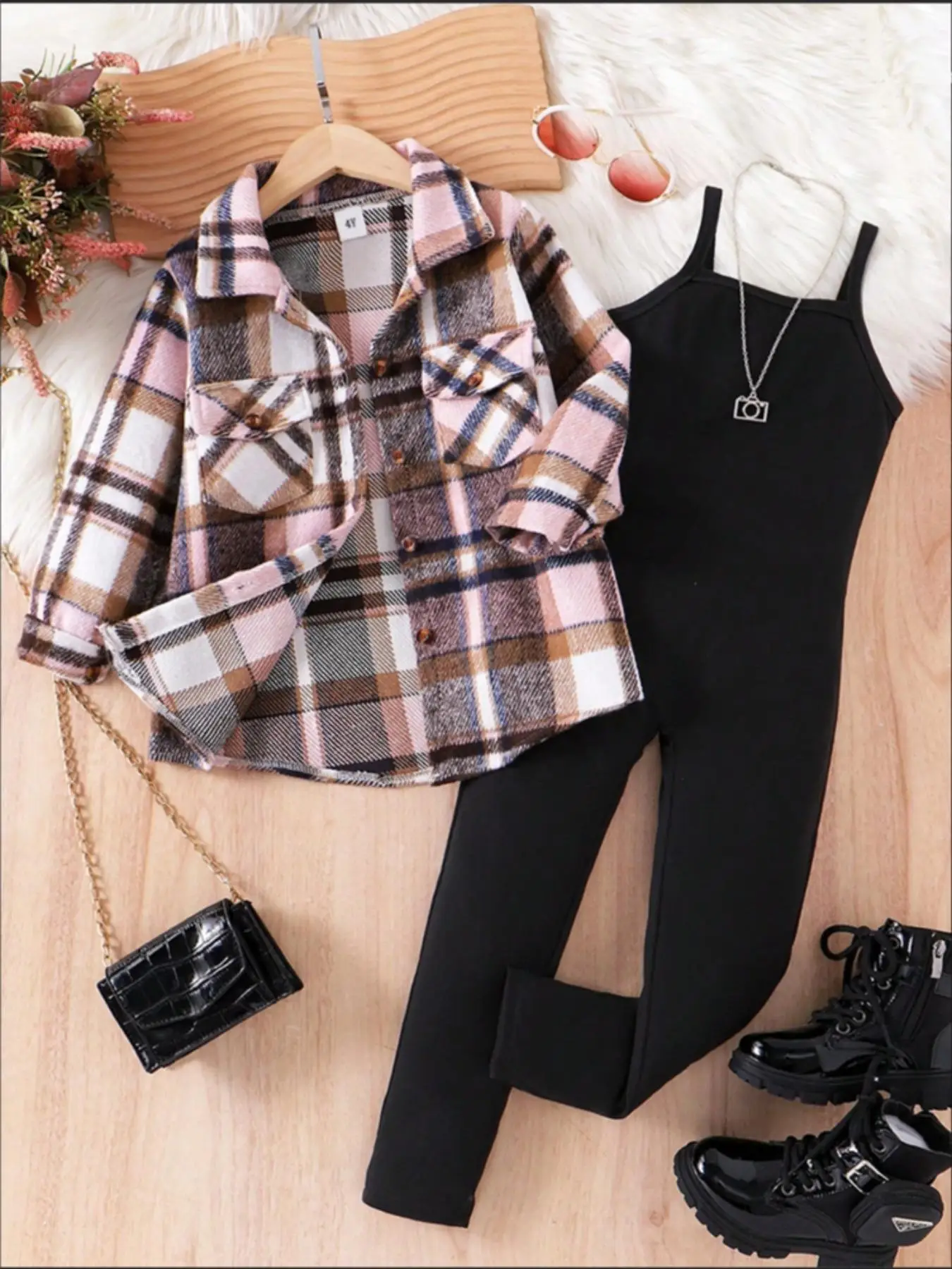 Two-Piece Set Girl's Plaid Print Button Front Shirt & Overalls Set, Casual Long Sleeve Collared Top & Jumpsuit for Spring & Fall, Kids Clothes for Dai