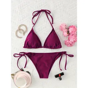 Women's Bikini Set - Plain Two-Piece Swimsuit, Adjustable Tie Halter Neck And Side Tie Bottoms -  Polyester - For Summer Beach Vacations - Perfect Gift for Women