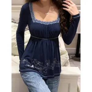 Retro Y2K printed lace trimmed square neck high waisted A-line casual long sleeved women's top, fashionable for spring and autumnRAIMENTRY