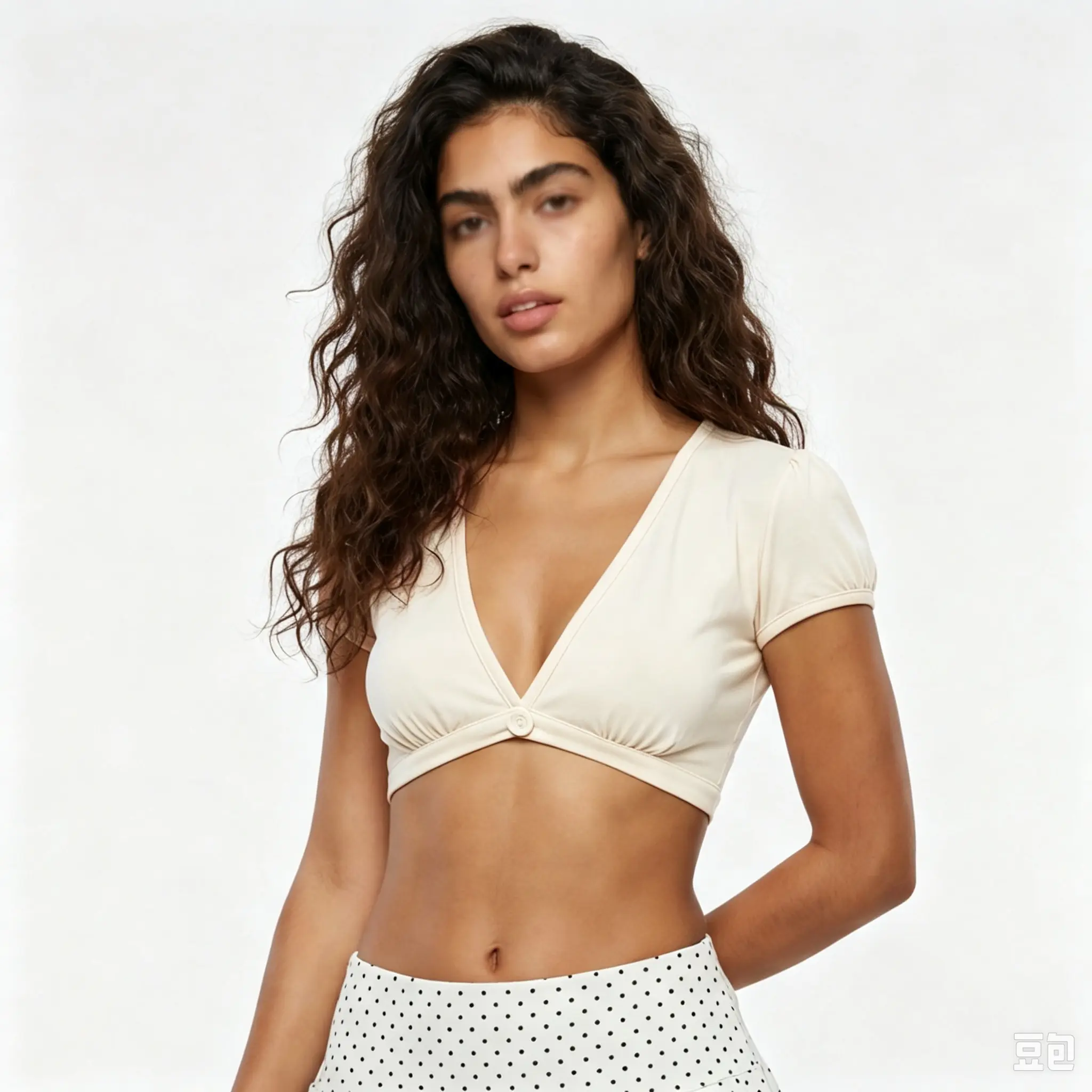 Women's Casual Crop Top Blouse - Solid Color V-Neck Shortsleeve Women's Top with Puff Sleeves, Decorative Buttons, Polyester Blend, Crop Length, Multi-Color