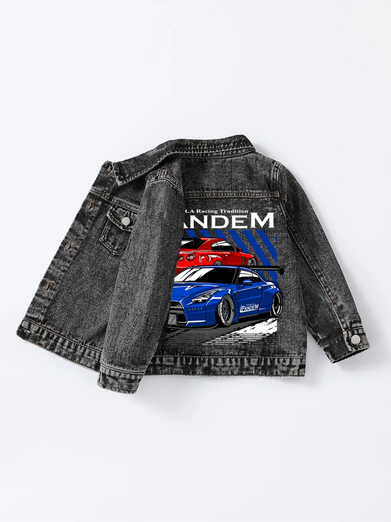 Boys' Vintage Denim Jacket, Cartoon Print Running Car Design, Casual Streetwear Style, Fits Ages 1-8, Perfect for School & Outdoors, Toddler Jean Jacket