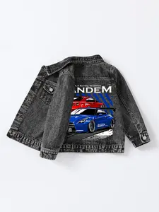 Boys' Vintage Denim Jacket, Cartoon Print Running Car Design, Casual Streetwear Style, Fits Ages 1-8, Perfect for School & Outdoors