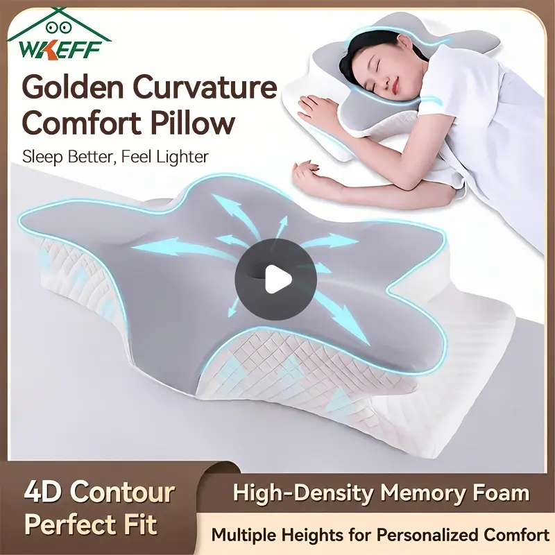 WKEFF Ergonomic Contoured Memory Foam Pillow - PU Slow-Rebound Neck Rest Cushion for Back Sleepers, Pillows for Sleeping with Machine-Washable Cover, Hand Wash Only Option