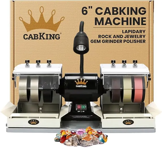 CabKing Cabbing Machine Lapidary Equipment - Gem Stone Grinder Jewelry Rock Polisher - Includes Diamond Wheels, LED Lamp, Water System, & Accessories - 6" Grinder Polishing Machine - Model CABKING-6V3
