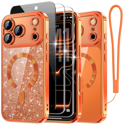 Glitter Protective Smartphone Cover for iPhone 17 Pro Max (6.9 in) - Magnetic MagSafe Cellphone Case with Card Holder, Wrist Strap, 2X HD Screen Protectors, 1X Privacy Screen Protector, Surround Raised Lens Protection, Orange Mobile Accessories