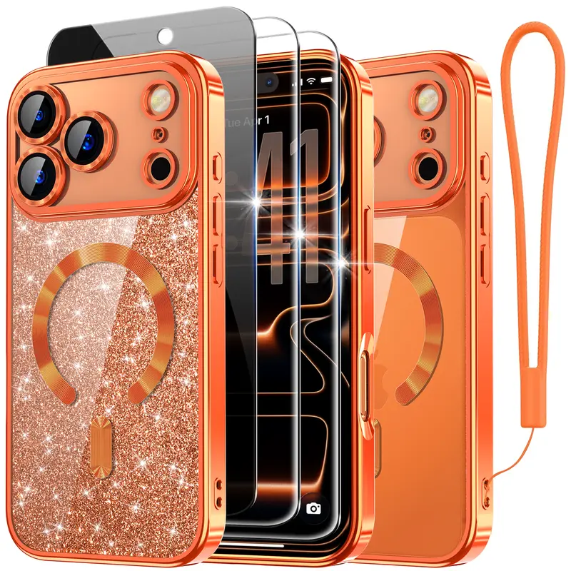Glitter Protective Smartphone Cover for iPhone 17 Pro Max (6.9 in) - Magnetic MagSafe Cellphone Case with Card Holder, Wrist Strap, 2X HD Screen Protectors, 1X Privacy Screen Protector, Surround Raised Lens Protection, Orange Mobile Accessories