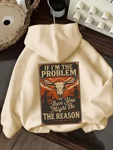 Women's Warm Hooded Sweatshirt with Cow Head Letter Print, Casual Loose-Fit Thick Fabric for Fall & Winter, Suitable for Teens & Unisex Wear