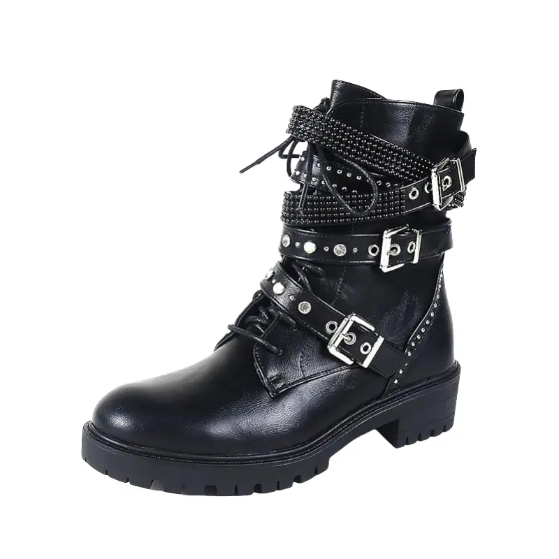 Women's Cute Military Combat Boots, Lace-Up Round Toe Ankle Booties with Chain Studs & Pearl Accents, Side-Zipper Party Footwear with Non-Slip Rubber Sole, Pearls, Laces