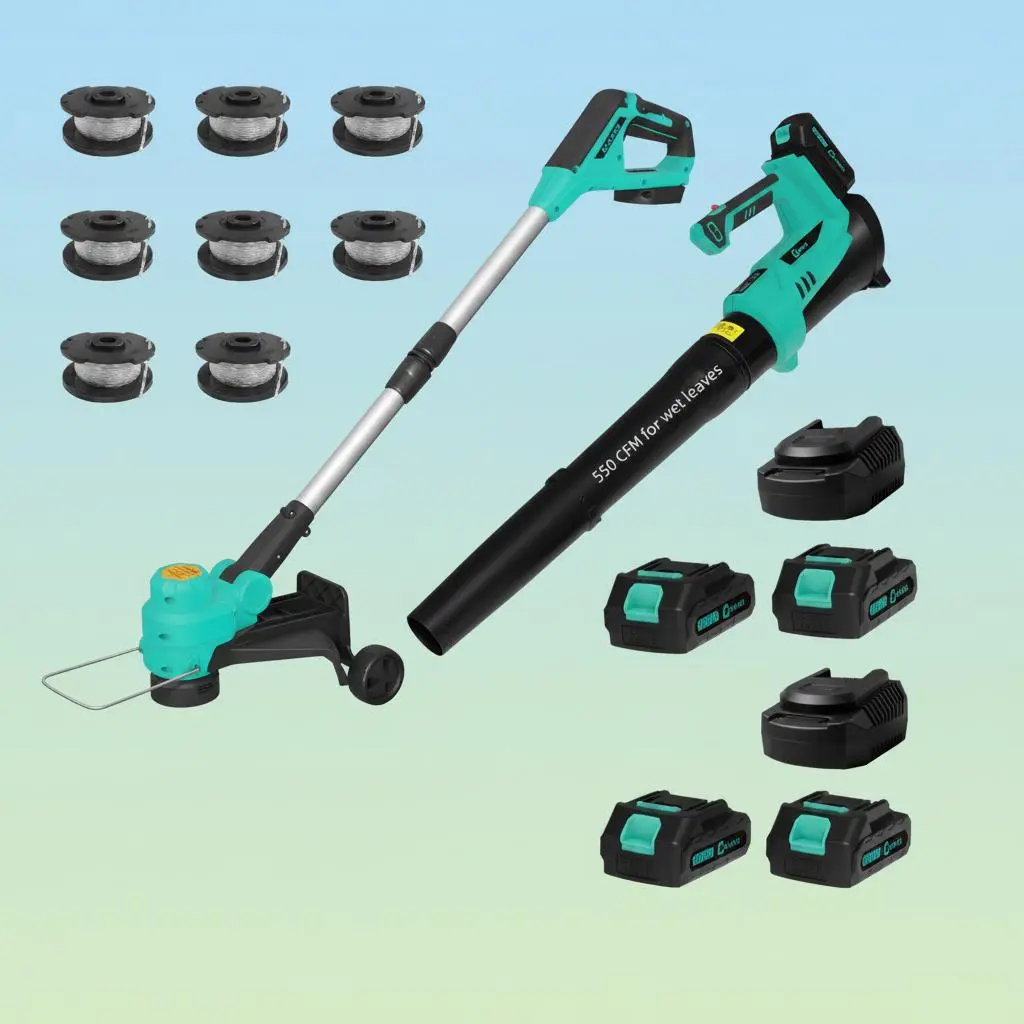 Garvee Upgraded 20V Wireless String Trimmer & 550 CFM Leaf Blower Combo, 12" Cutting Width 2-in-1 Lawn Edger with 4 x 2.0Ah Batteries & Dual Fast Chargers, Auto Line Feed Yard Tool Set with 8 Extra Lines