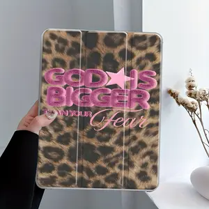 Retro leopard print iPad Folding Stand Case, Cover, Tablet Protective Cover, Transparent Acrylic Hard Back with Pencil & Charger Slots, Compatible with iPad 10.2 inch 2019/2021, Scratch-Resistant Ultra-Thin Design, Shockproof Full Protection