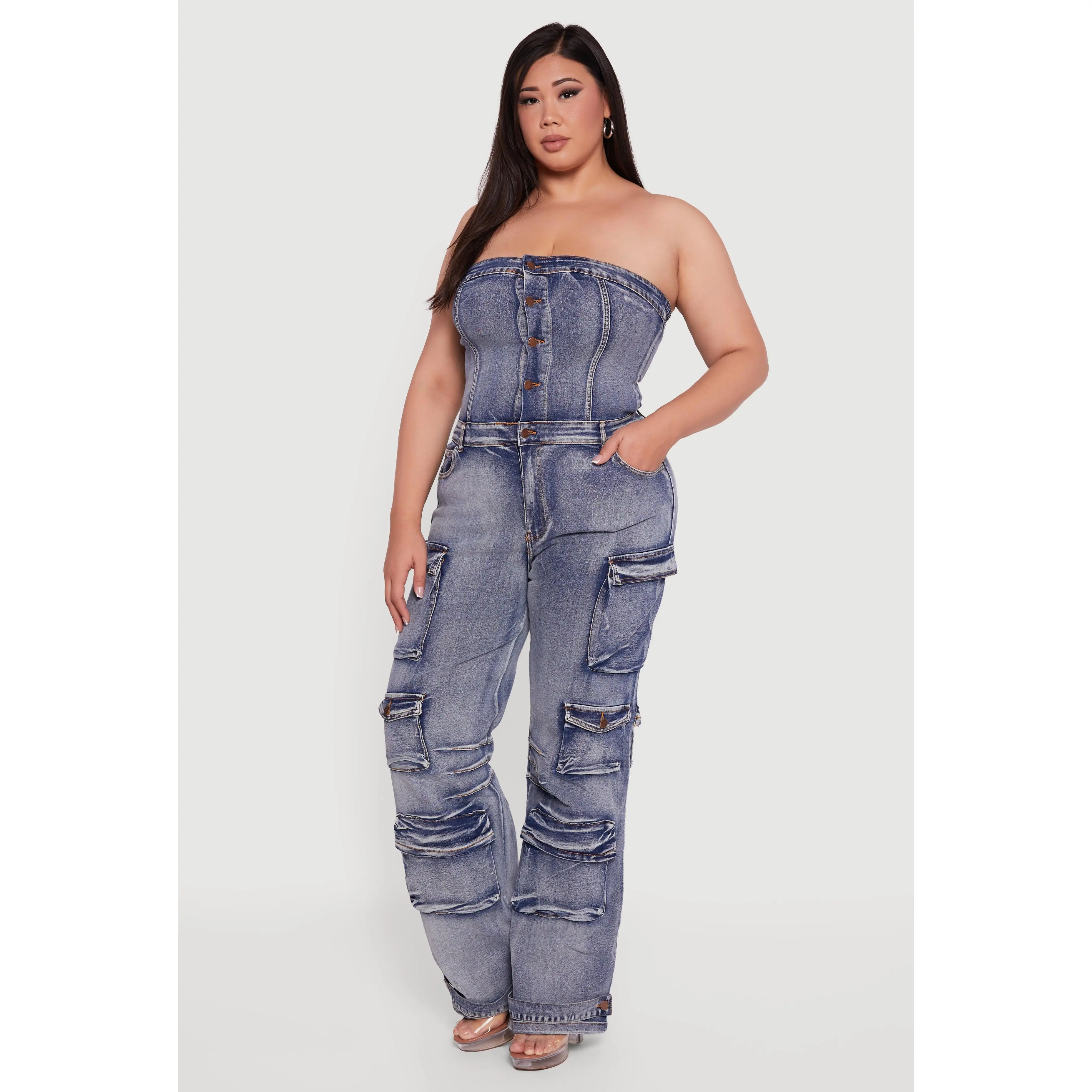 Plus Size Acid Wash Cargo Pocket Button Front Jumpsuit