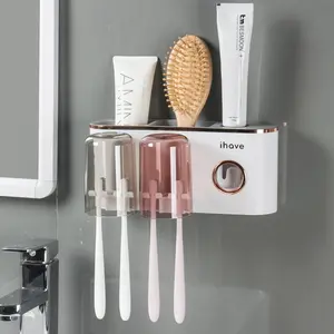iHave Toothbrush Holders with Toothpaste Dispenser, 2 Cups Toothbrush Holder Wall-mounted Bathroom Decor