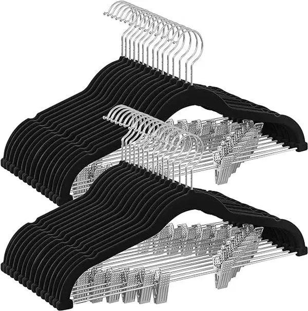 SONGMICS 30-Pack Pants Hangers, 16.7-Inch Long Velvet Hangers with Adjustable Clips, Heavy-Duty, Non-Slip Skirt Hangers, Space-Saving for Pants, Skirts, Coats, Dresses, Black UCRF12B30