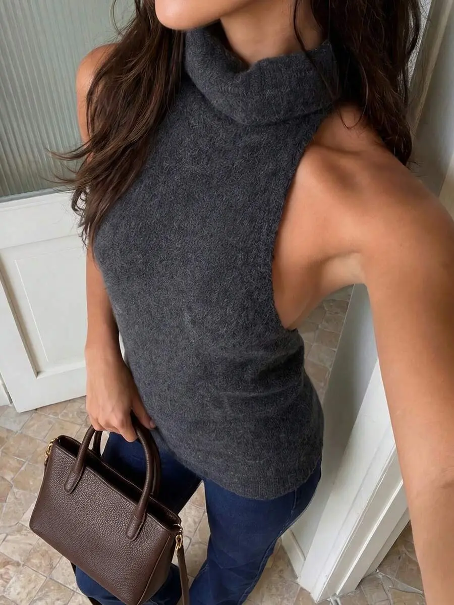 SOTMCO Women's Knitted Top High Neck Sleeveless Side Slit Backless Sweater Vest, Sexy Y2K Elegant Party Street Style, Autumn/Winter