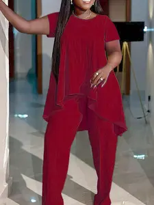 [Plus Size] Basic Solid Color Fitted Round Neck Top & Pants Set, Casual Fashion Cozy Everyday Two-piece Outfits for Daily Outdoor Wear, Women Clothing for All Seasons