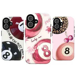 Y2K Retro Style Size 8 Ball Phone Case – Pink Leopard Print Cherry Pattern, compatible with iPhone 17/16/15/14/13/12/11 Pro Max/Plus and Samsung Galaxy S23FE/22/23/24/25. Y2K retro street style, sturdy and durable, a stylish gift choice. tiktokshopspringg