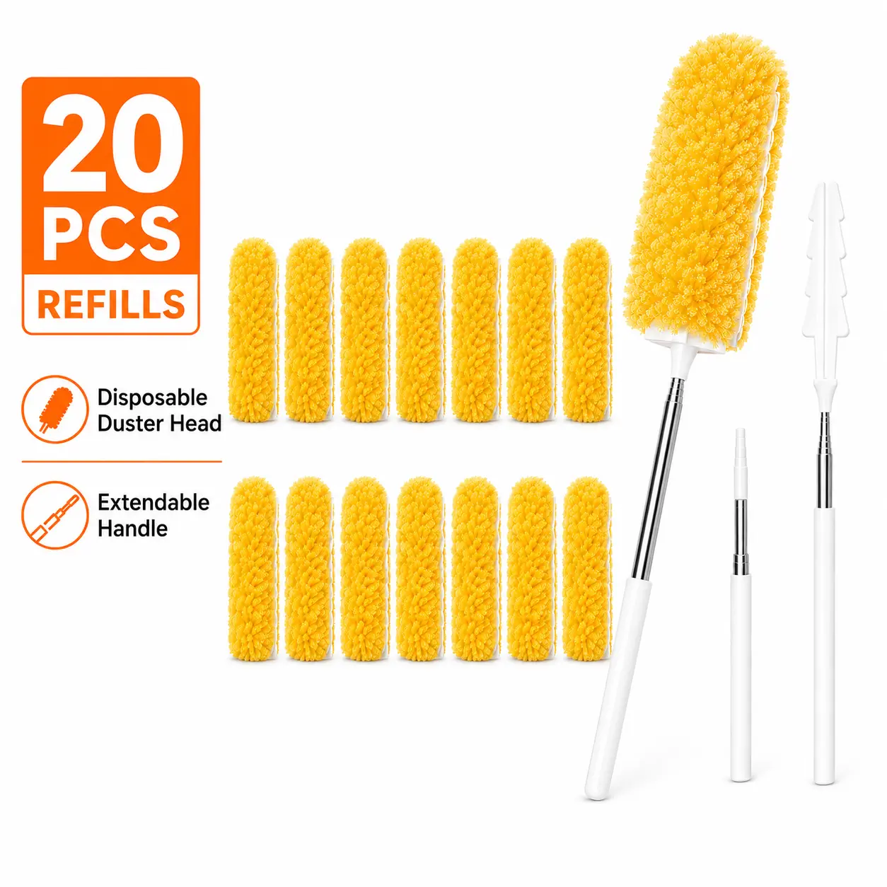 20PCS Disposable Electrostatic Duster Set - Dust-Locking Heads, Extendable Handle for Ceiling Fan, High-Reach Cleaning Tasks, Adjustable