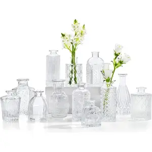 Set of 12 Glass Bud Vases, Small Clear Mini Vintage Vases for Flowers, Bulk for Centerpieces Rustic Home Wedding Table Decorations