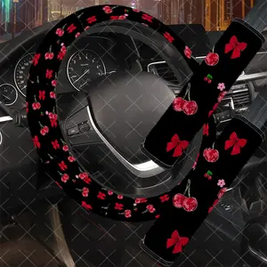 3Pcs/Set Red Cherry & Bow Car Interior Set, Girly Car Interior Sets, Cute Style, Includes Steering Wheel Cover, Car Seat Belt Cover, No Inner Ring, Durable Material, For Women, Car Enthusiasts, Gift For Drivers