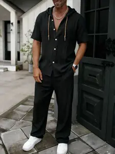 Men’s lightweight two-piece set with a hooded design, casual vacation style, made from loose, breathable thin fabric, including a hooded sweatshirt and wide-leg pants, suitable for summer wear.