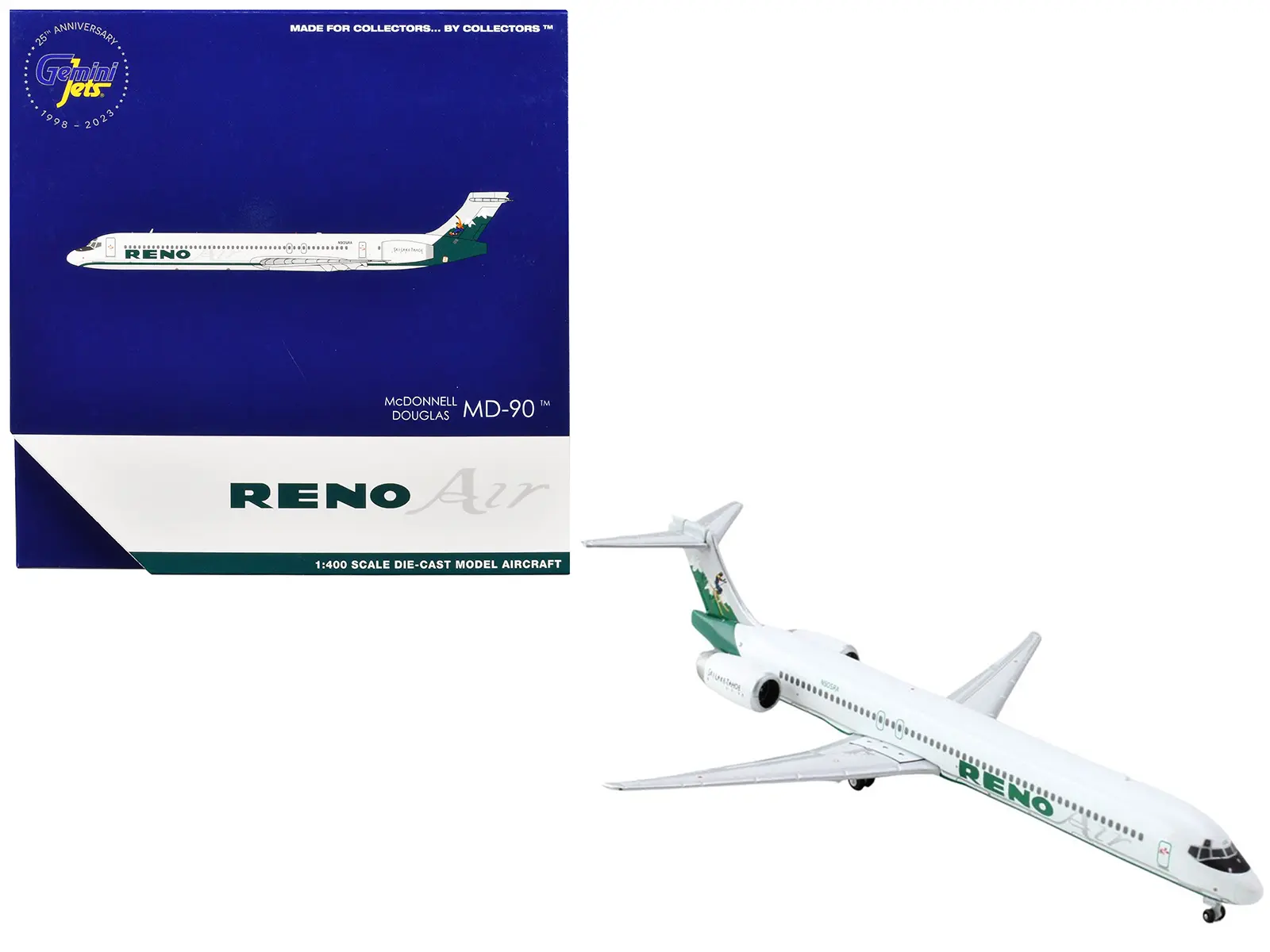 McDonnell Douglas MD-90 Commercial Aircraft "Reno Air" (N905RA) White w/Green Tail 1/400 Die Cast Model Airplane by GeminiJets