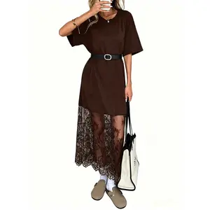 ZQ- Solid color, round neck, short sleeves, loose fit, casual lace dress, suitable for outings, commuting, airport wear, retro style, elegant women's clothing (belt not included)