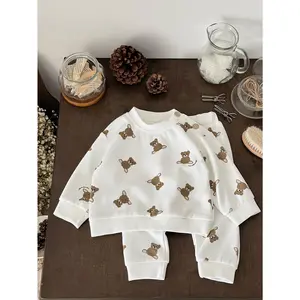 2pcs of Cute Cartoon Bear Print White Round-Neck Sweatshirt And Loose Comfortable Sports Long Pants for Babies, Suitable for Outdoor Casual Wear (Includes Long Sleeves And Long Pants, Without Any Shoes, Hats, Glasses, Or Other Additions)